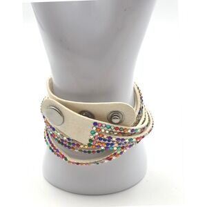Beige Multi Color Rhinestone Wrap Bracelet Snap Closure Studded